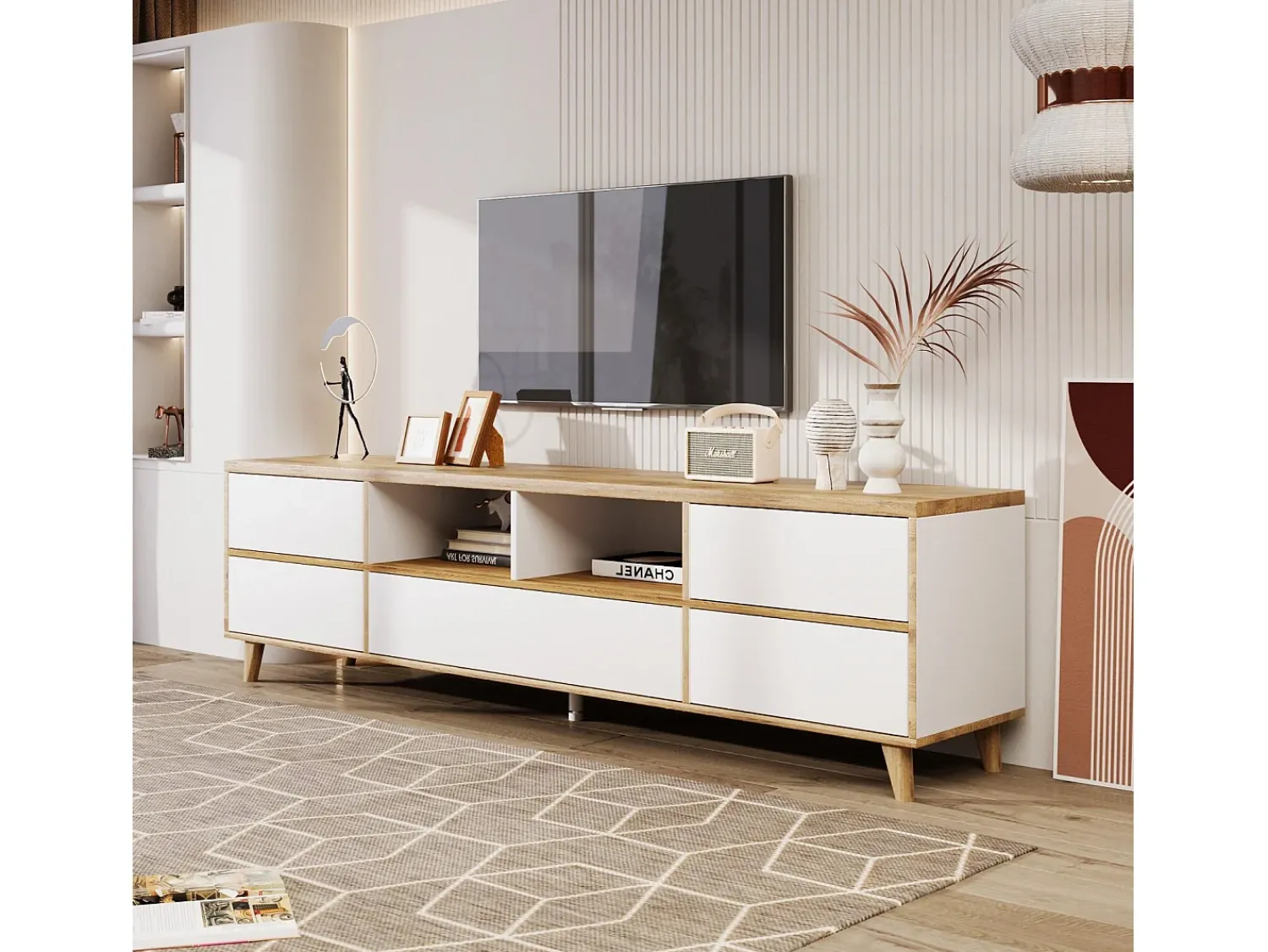 Móvel De Tv*DripeX Gabinete de TV de 5 e 8 e 8 nicho, pés de madeira sólidos, 175x37x51cm, e natural Branco