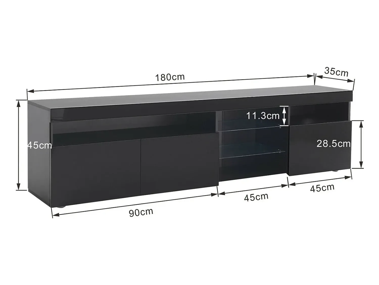 Clearance DripeX Gabinete de TV em MDF, com LED 4 modos 16 cores, 3 portas e 5 nicho, , 180x35x45cm Preto