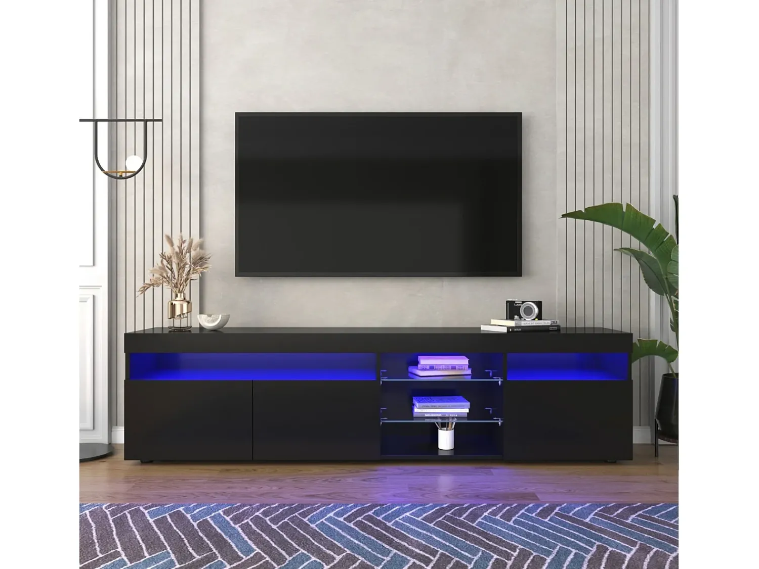 Clearance DripeX Gabinete de TV em MDF, com LED 4 modos 16 cores, 3 portas e 5 nicho, , 180x35x45cm Preto