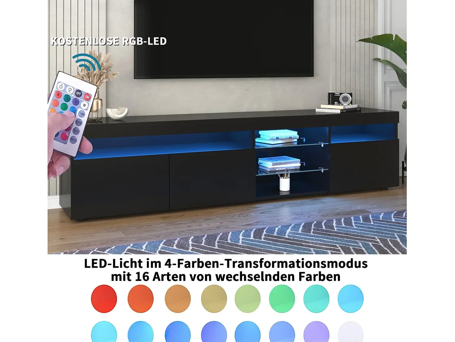 Clearance DripeX Gabinete de TV em MDF, com LED 4 modos 16 cores, 3 portas e 5 nicho, , 180x35x45cm Preto