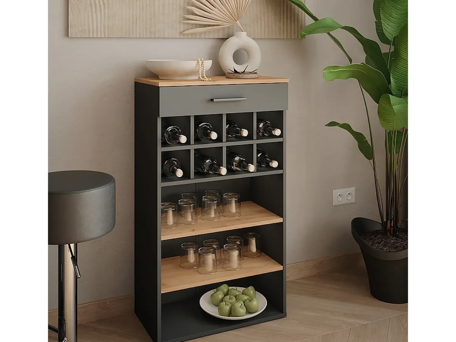 Acessórios De Arrumação|Acessório Vinho E Bar|Vicco Garrafeira carvalho goldkraft/antracite 60x34.5x106 repose Natural escuro