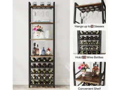 Acessórios De Arrumação|Acessório Vinho E Bar|Tribesigns Gaveta de Vinhos, Estante para Garrafas Autônoma com 9 andares, com Suporte de Vidro e Prateleiras de Armazenamento, Gaveta para Garrafas de Vinho, Marrom Rústico Castanho