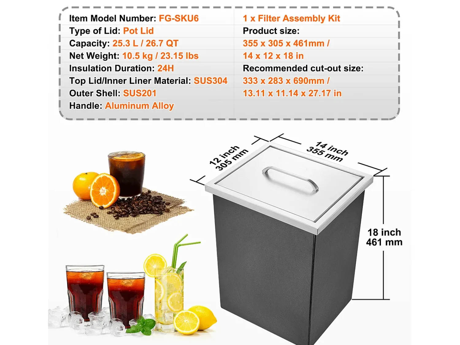Best Geladeira Embutida SucceBuy, 35,6 x 30,5 x 45,7 cm, Geladeira de Aço Inoxidável com Tampa Prateado