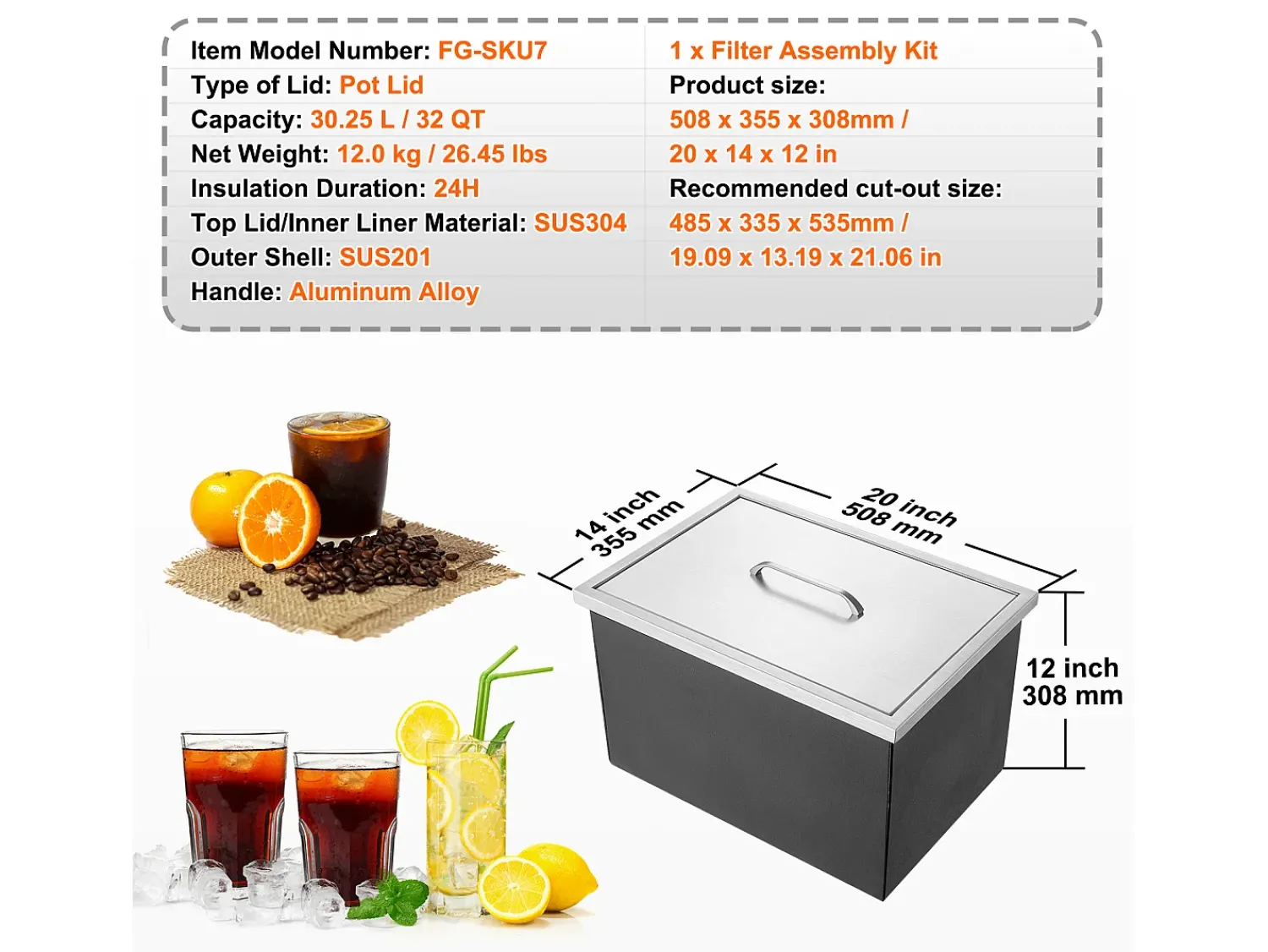 Sale Geladeira Embutida SucceBuy, 51 x 35 x 30 cm, Baldes de Gelo de Aço Inoxidável com Tampa, Bar de Gelados para Cozinha Exterior Prateado