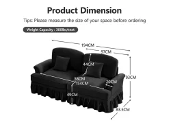 New DripeX Grande Sofá 2 Lugares em Chenille - Capa Removível e 2 Almofadas - 194x83.5x93cm - Preto