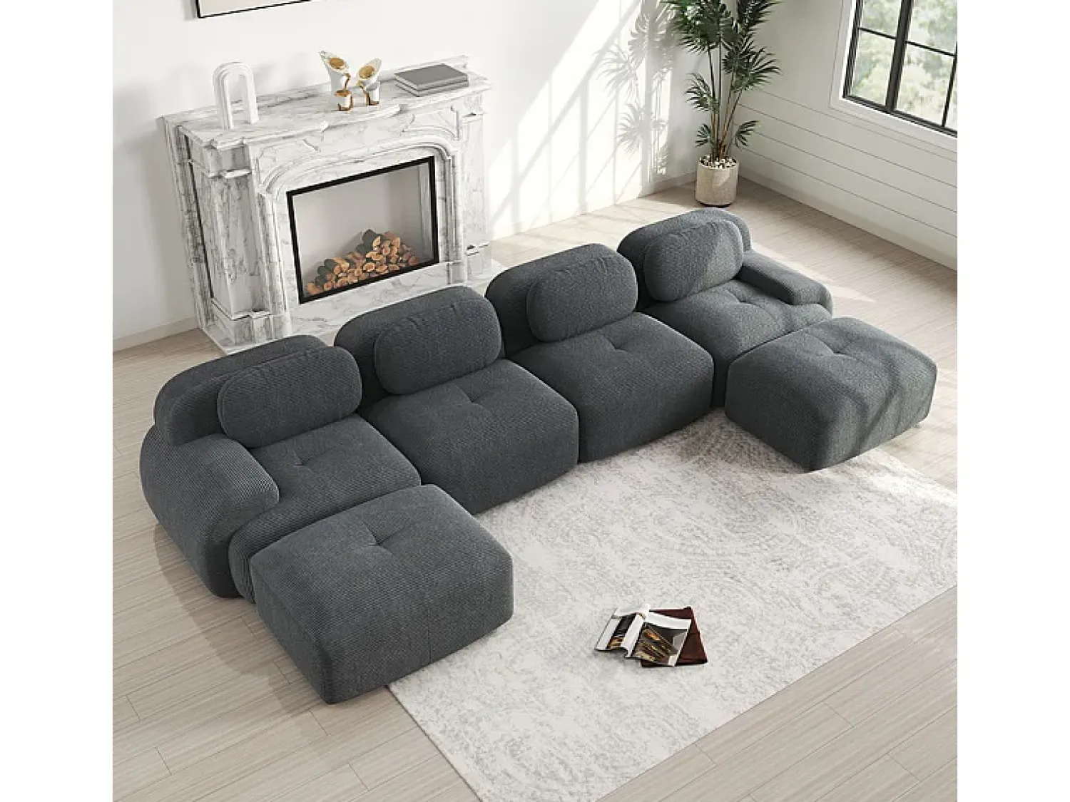 DripeX Grande sofá angular modular 388cm - de Veludo cotelê - com 4 almofadas e 2 puffs - ergonómico - Cinza^ Sofá