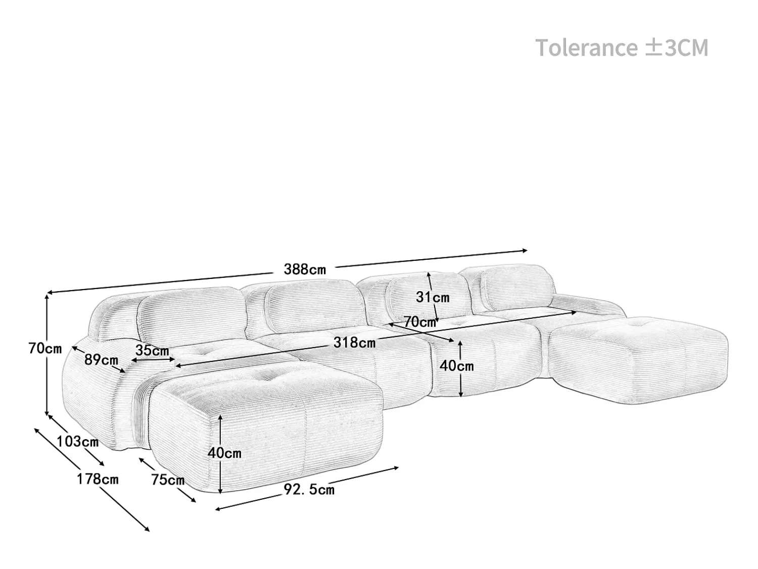 DripeX Grande sofá angular modular 388cm - de Veludo cotelê - com 4 almofadas e 2 puffs - ergonómico - Cinza^ Sofá