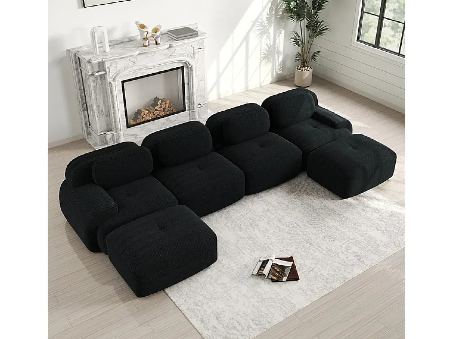 New DripeX Grande sofá angular modular 388cm - de Veludo cotelê - com 4 almofadas e 2 puffs - ergonómico - Preto