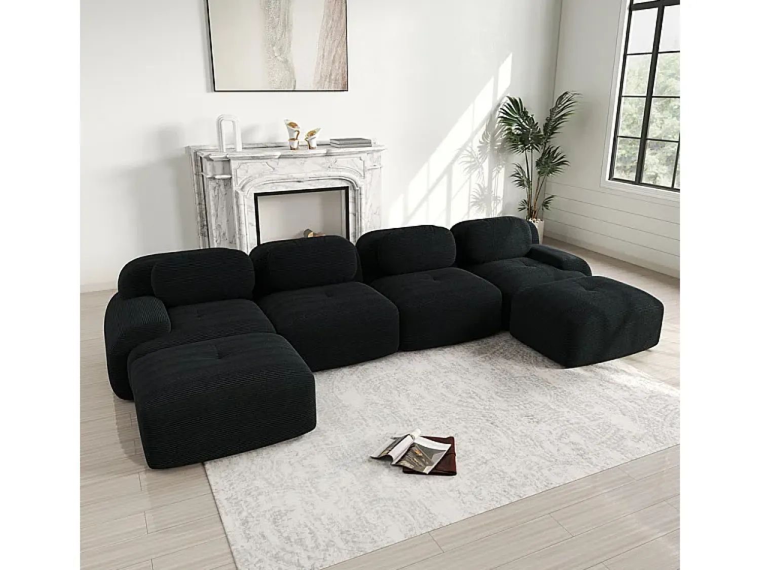 New DripeX Grande sofá angular modular 388cm - de Veludo cotelê - com 4 almofadas e 2 puffs - ergonómico - Preto