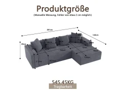 DripeX Grande sofá angular reto modular, de veludo cotelê, com 4 almofadas, montagem não necessária, 261x146x65cm, Cinza^ Sofá