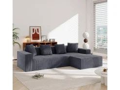 DripeX Grande sofá angular reto modular, de veludo cotelê, com 4 almofadas, montagem não necessária, 261x146x65cm, Cinza^ Sofá