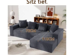 DripeX Grande sofá angular reto modular, de veludo cotelê, com 4 almofadas, montagem não necessária, 261x146x65cm, Cinza^ Sofá