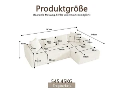 Sofá*DripeX Grande sofá angular reto modular, de veludo cotelê, com 4 almofadas, montagem não necessária, 261x146x65cm, Branco