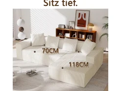 Sofá*DripeX Grande sofá angular reto modular, de veludo cotelê, com 4 almofadas, montagem não necessária, 261x146x65cm, Branco