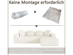 Sofá*DripeX Grande sofá angular reto modular, de veludo cotelê, com 4 almofadas, montagem não necessária, 261x146x65cm, Branco