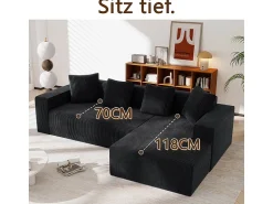Sofá*DripeX Grande sofá angular reto modular, de veludo cotelê, com 4 almofadas, montagem não necessária, 261x146x65cm, Preto
