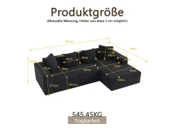 Sofá*DripeX Grande sofá angular reto modular, de veludo cotelê, com 4 almofadas, montagem não necessária, 261x146x65cm, Preto