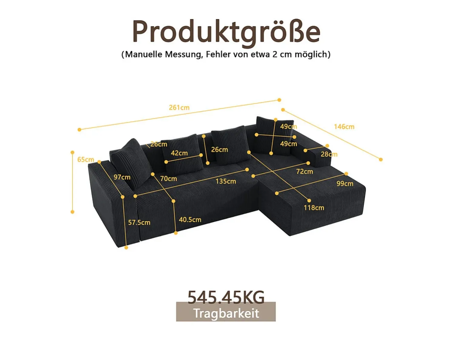 Sofá*DripeX Grande sofá angular reto modular, de veludo cotelê, com 4 almofadas, montagem não necessária, 261x146x65cm, Preto