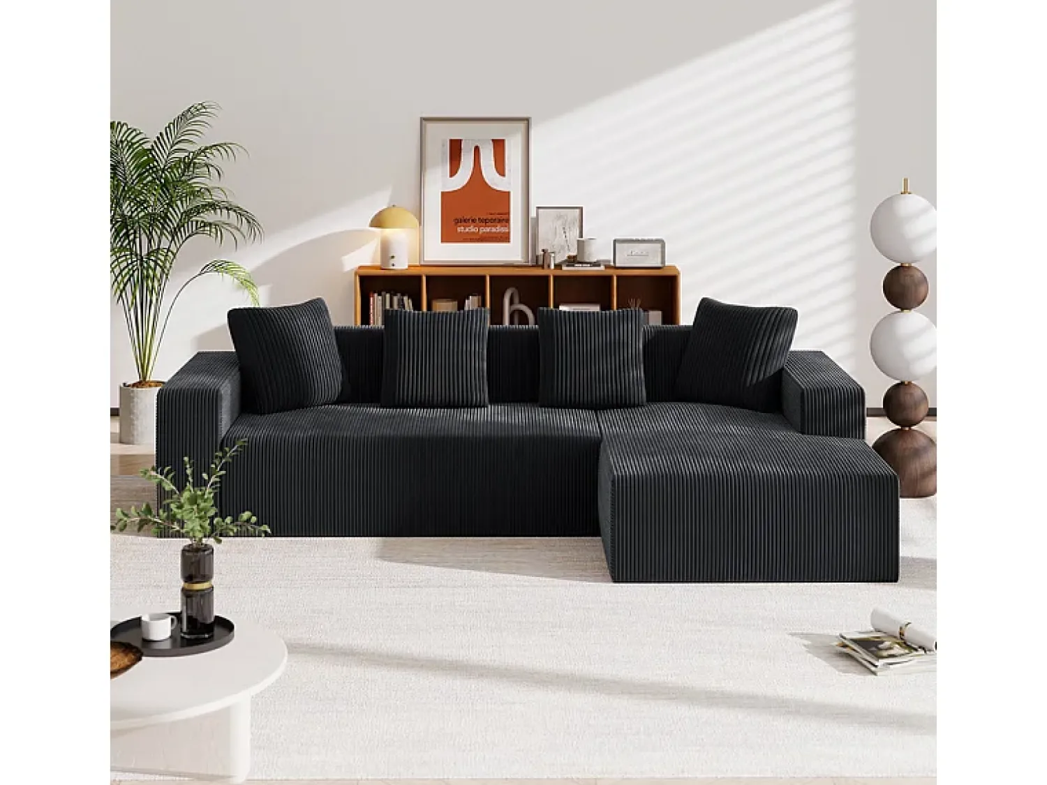 Sofá*DripeX Grande sofá angular reto modular, de veludo cotelê, com 4 almofadas, montagem não necessária, 261x146x65cm, Preto