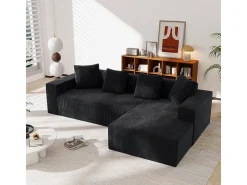 Sofá*DripeX Grande sofá angular reto modular, de veludo cotelê, com 4 almofadas, montagem não necessária, 261x146x65cm, Preto