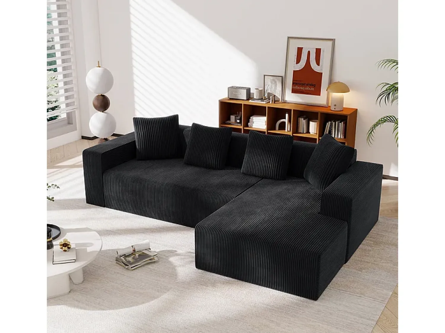 Sofá*DripeX Grande sofá angular reto modular, de veludo cotelê, com 4 almofadas, montagem não necessária, 261x146x65cm, Preto