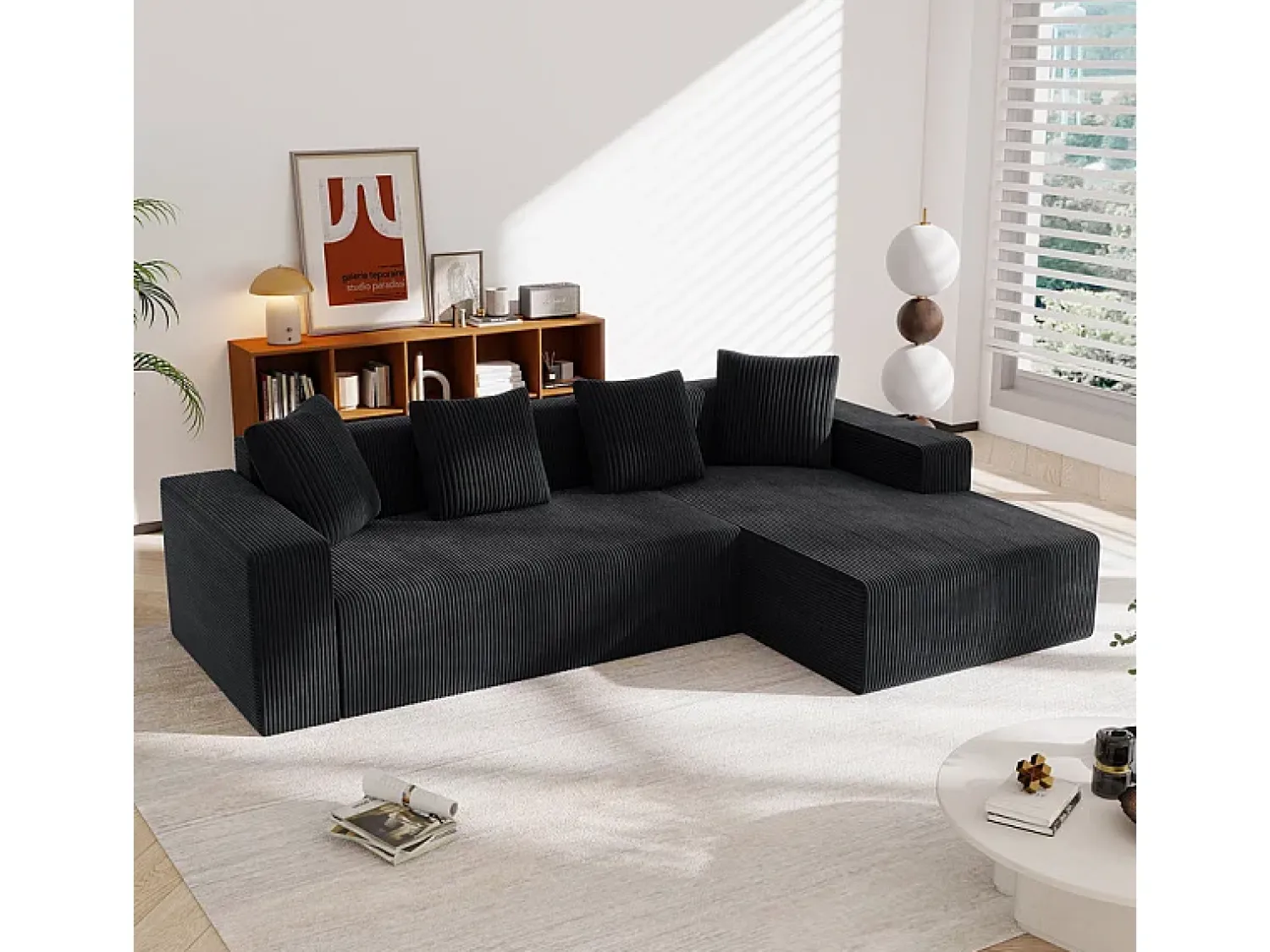 Sofá*DripeX Grande sofá angular reto modular, de veludo cotelê, com 4 almofadas, montagem não necessária, 261x146x65cm, Preto