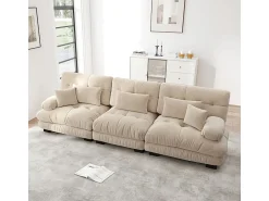 Sofá|DripeX Grande sofá - 3 lugares - com 5 almofadas - estrutura madeira maciça - Pelúcia - 313x77x81cm Bege