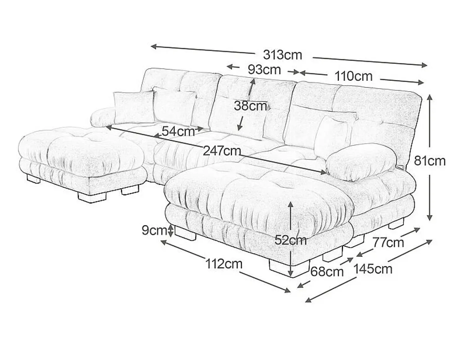 DripeX Grande sofá canto modular - 3 lugares - com 2 puff e 5 almofadas - tecido pelúcia cinza - 313x145x81cm^ Sofá