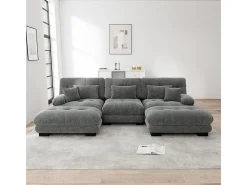 DripeX Grande sofá canto modular - 3 lugares - com 2 puff e 5 almofadas - tecido pelúcia cinza - 313x145x81cm^ Sofá