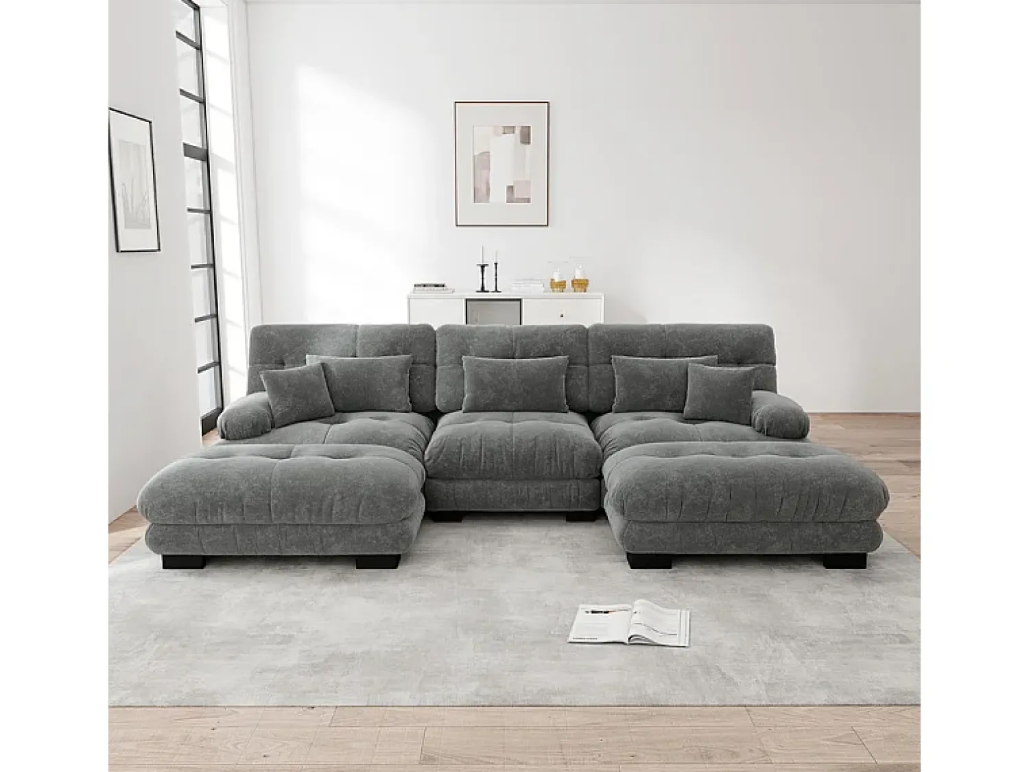 DripeX Grande sofá canto modular - 3 lugares - com 2 puff e 5 almofadas - tecido pelúcia cinza - 313x145x81cm^ Sofá