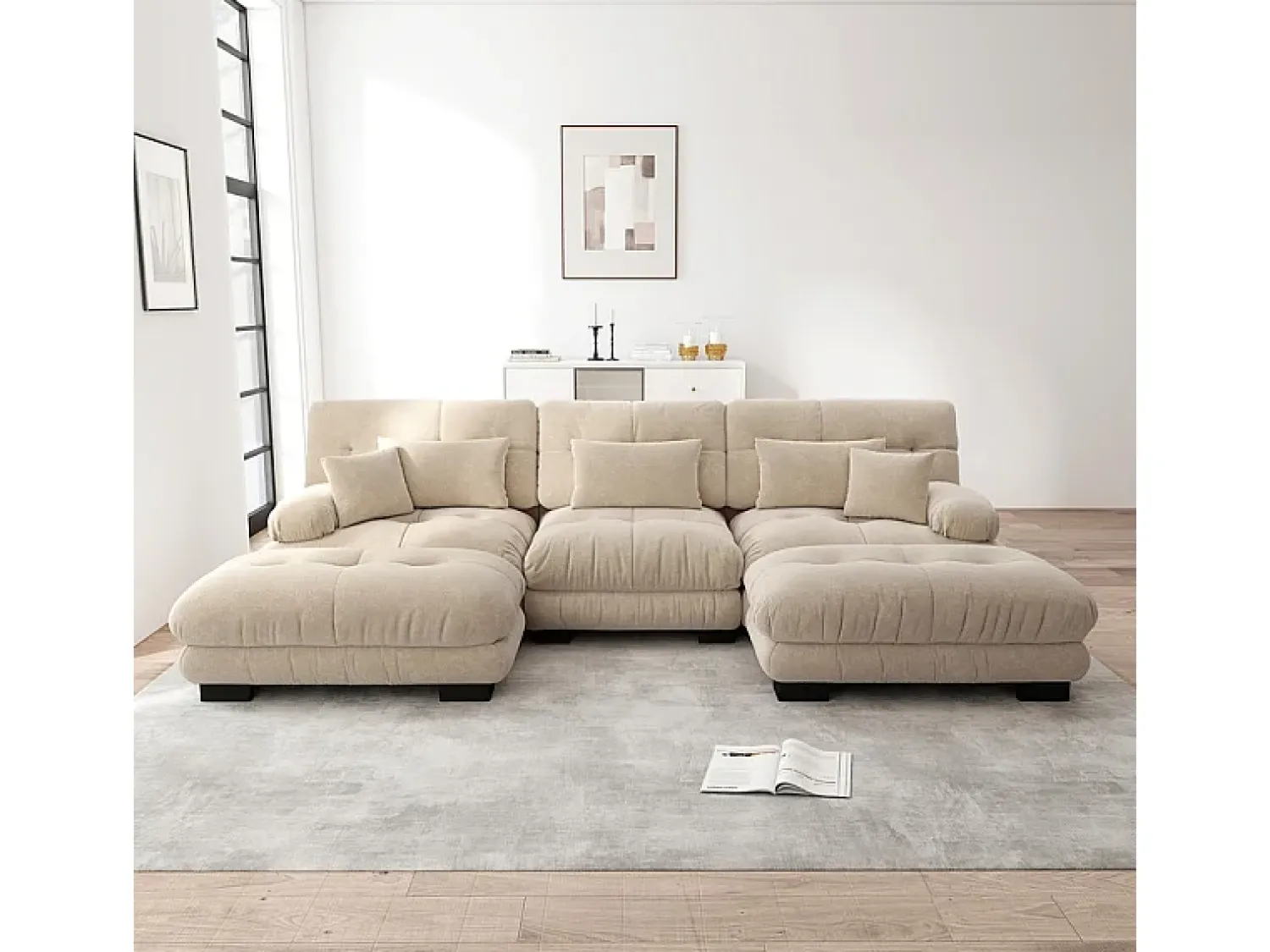 Sofá|DripeX Grande sofá canto modular - 3 lugares - com 2 puff e 5 almofadas - tecido pelúcia - 313x145x81cm Bege