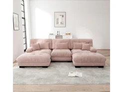 Online DripeX Grande sofá canto modular - 3 lugares - com 2 puff e 5 almofadas - tecido pelúcia - 313x145x81cm Rosa