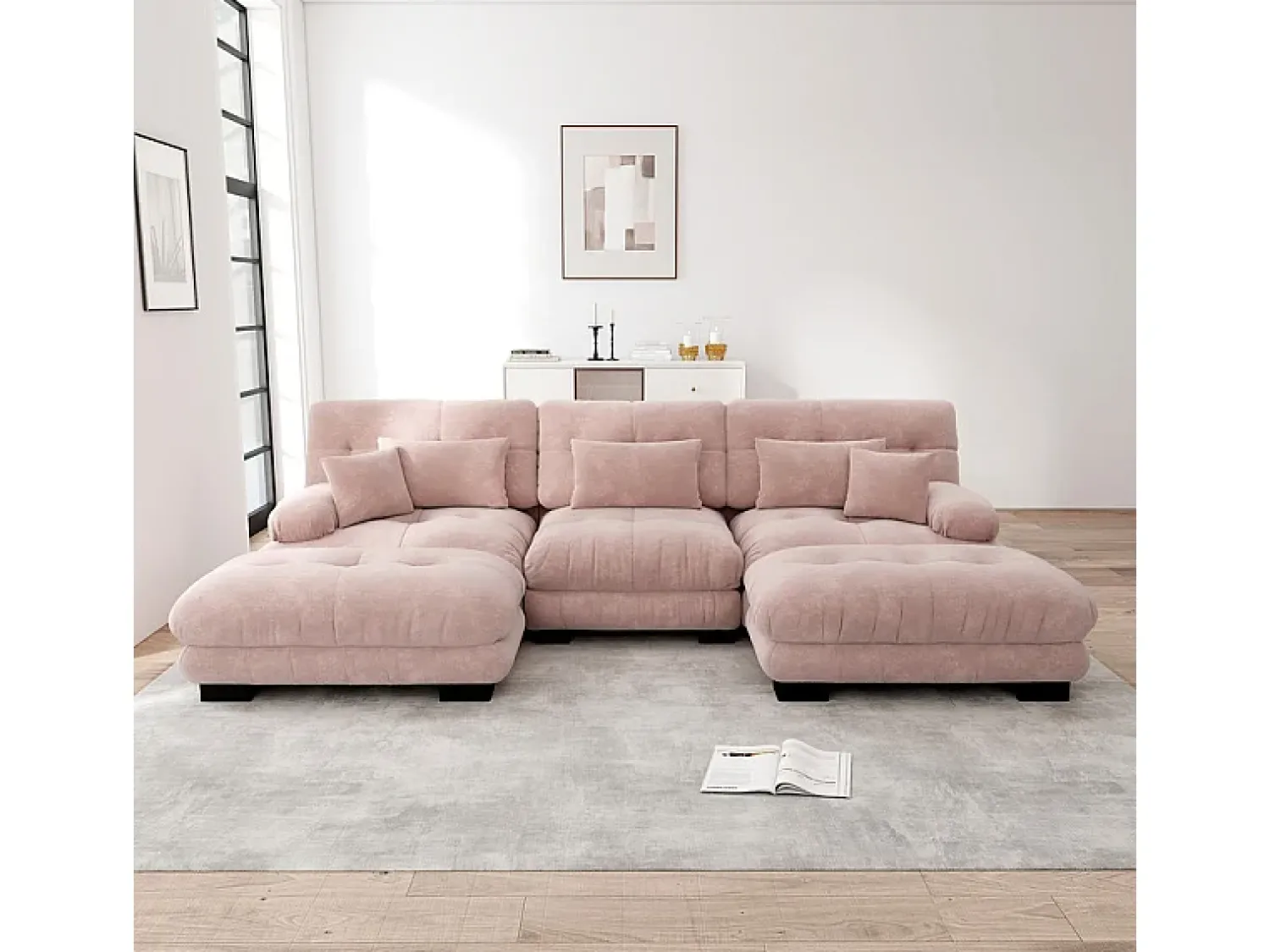 Online DripeX Grande sofá canto modular - 3 lugares - com 2 puff e 5 almofadas - tecido pelúcia - 313x145x81cm Rosa