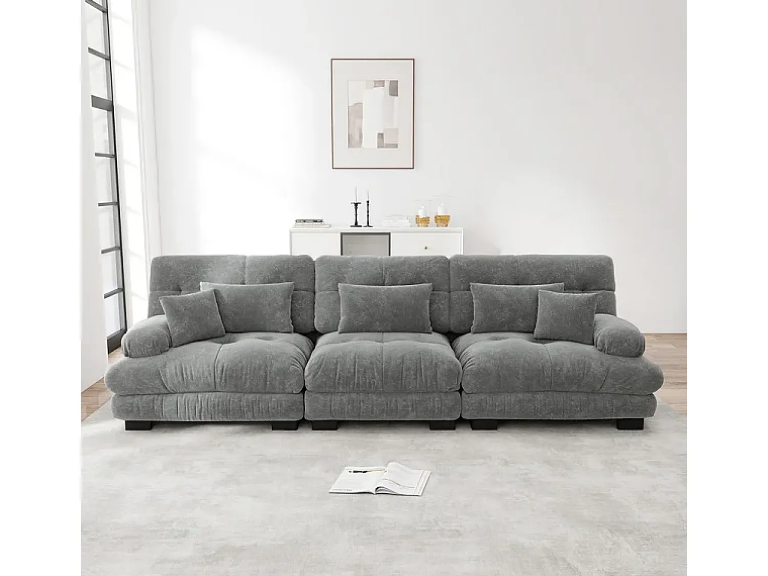 Sofá|DripeX Grande sofá cinza - 3 lugares - com 5 almofadas - estrutura madeira maciça - Pelúcia - 313x77x81cm Cinzento