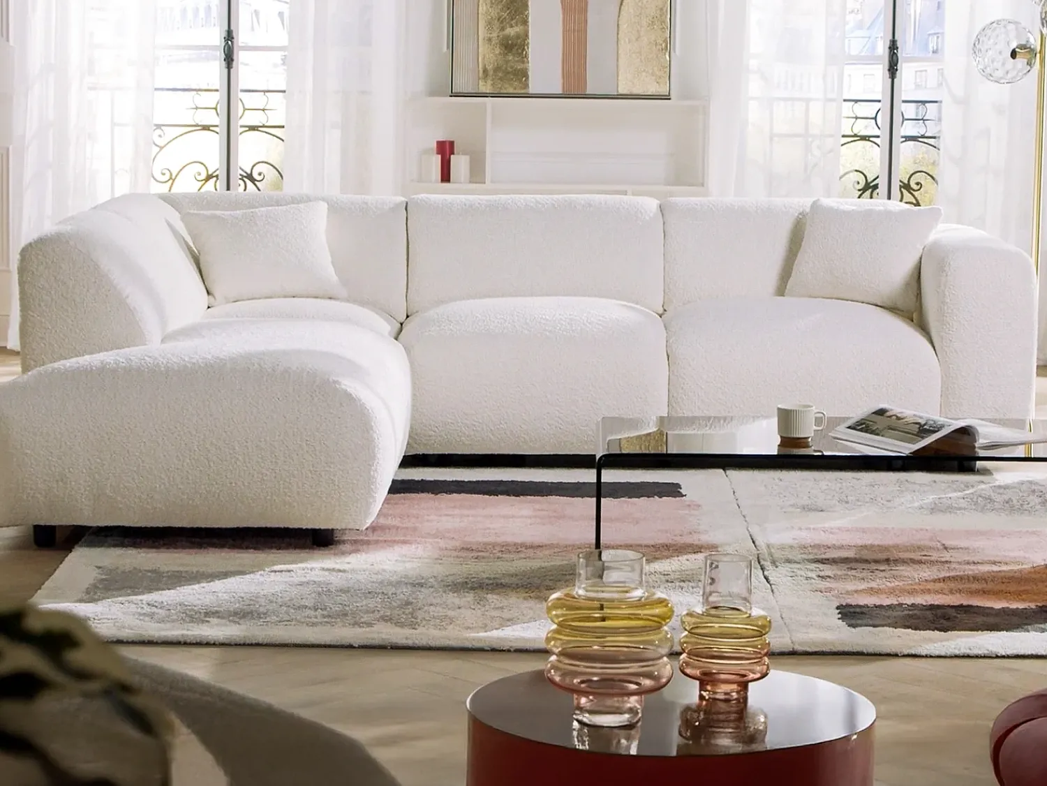 Sofá|Maison Céphy Grande sofá de canto esquerdo com encosto chaise-longue tecido bouclé POGNI Branco