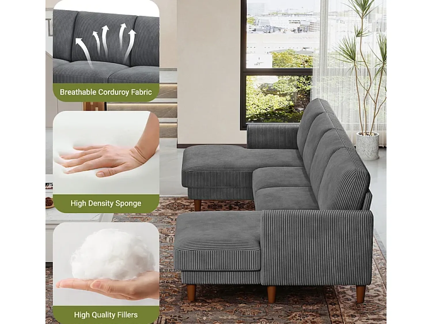 Sofá|DripeX Grande sofá de canto panorâmico - 4 lugares - chaise longue 109cm - de veludo cotelê - 269x140x86 - Cinza Cinzento