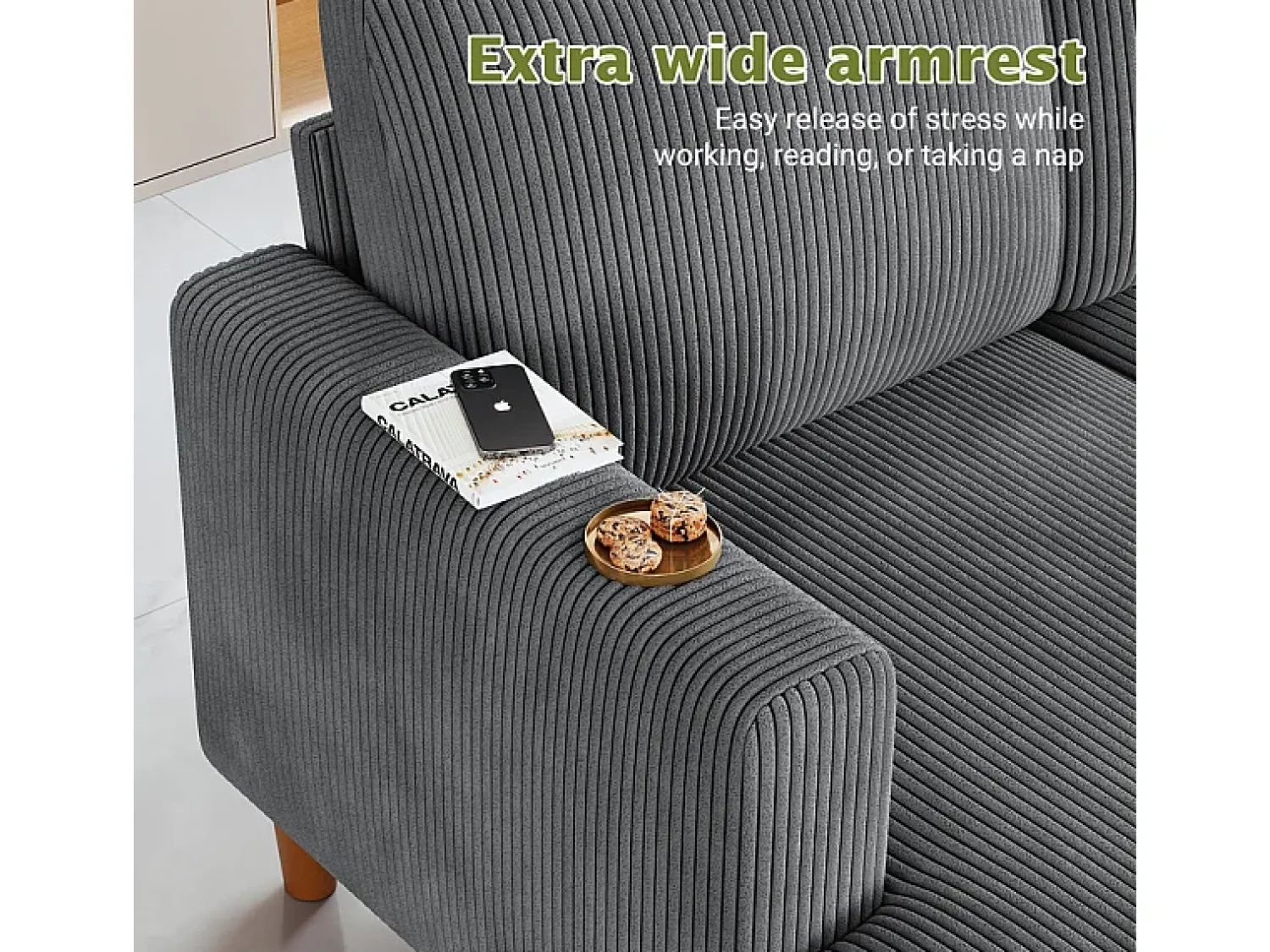 Sofá|DripeX Grande sofá de canto panorâmico - 4 lugares - chaise longue 109cm - de veludo cotelê - 269x140x86 - Cinza Cinzento