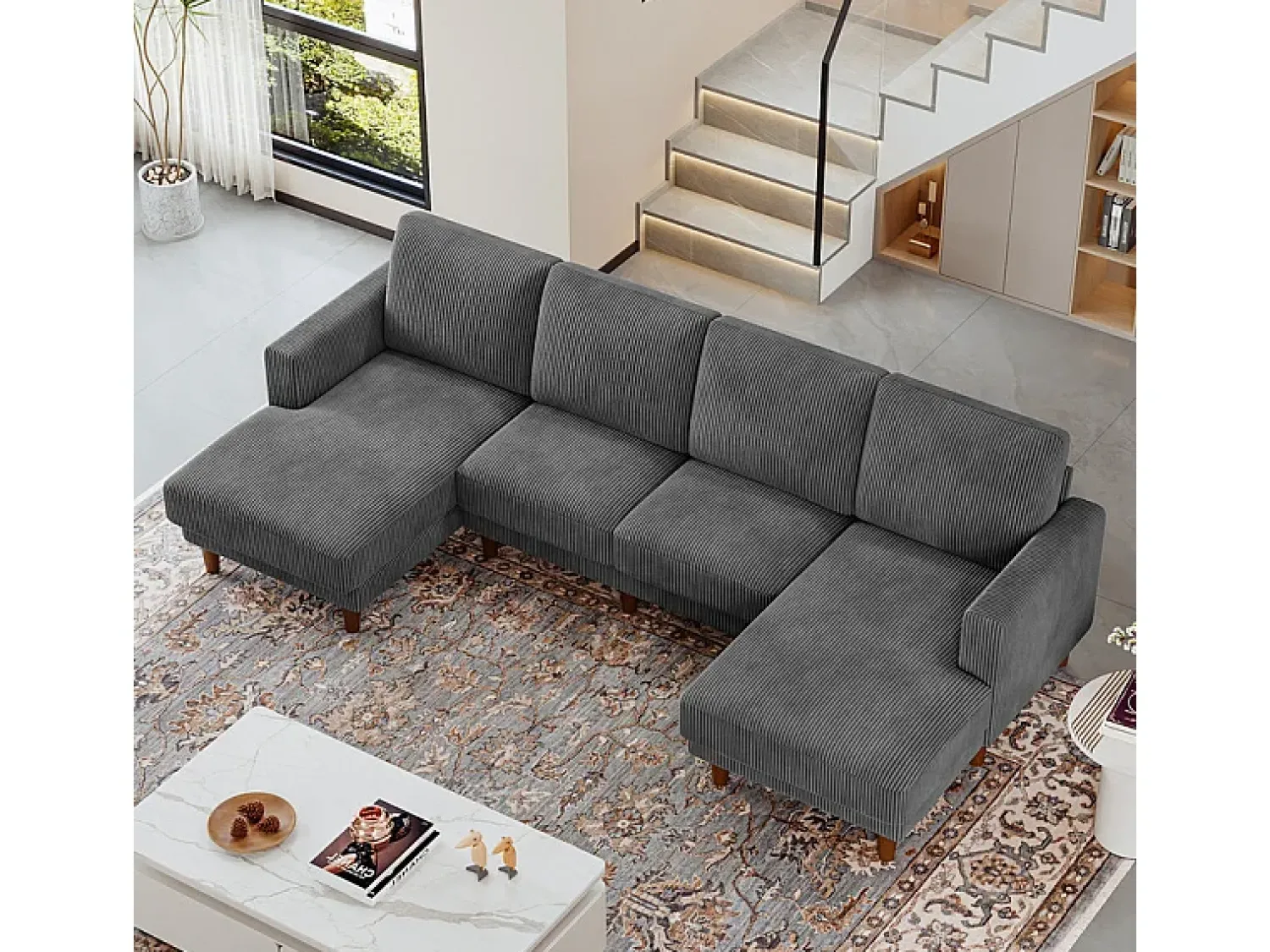 Sofá|DripeX Grande sofá de canto panorâmico - 4 lugares - chaise longue 109cm - de veludo cotelê - 269x140x86 - Cinza Cinzento