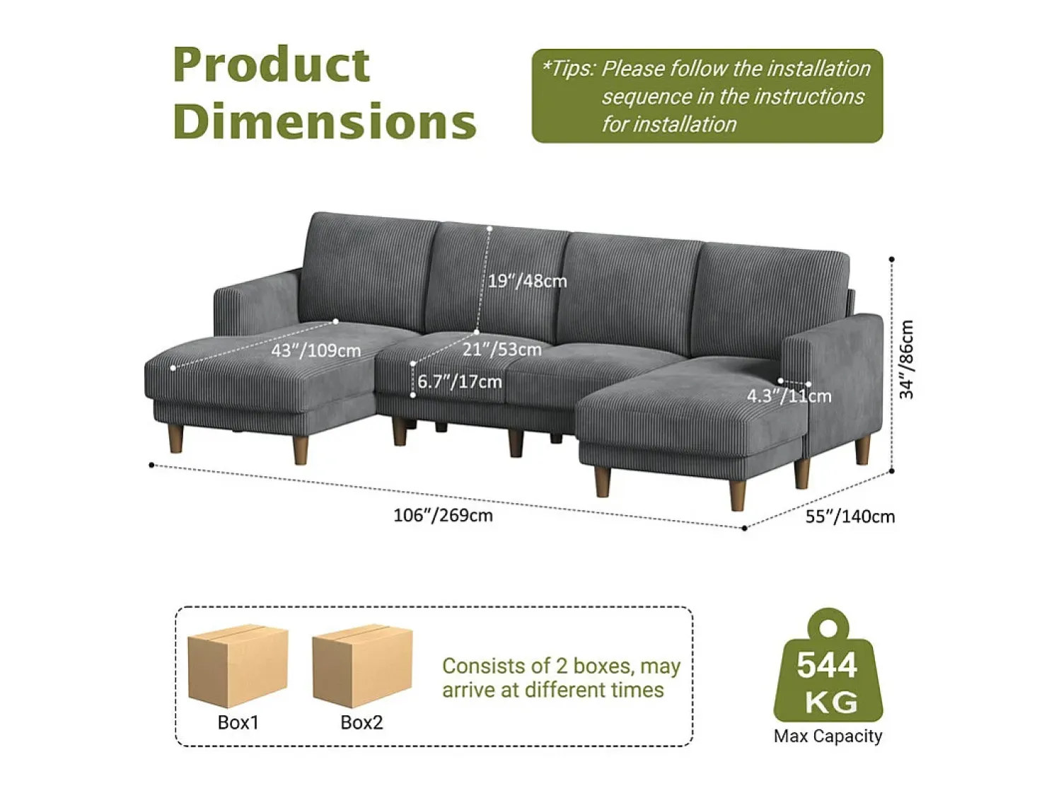 Sofá|DripeX Grande sofá de canto panorâmico - 4 lugares - chaise longue 109cm - de veludo cotelê - 269x140x86 - Cinza Cinzento