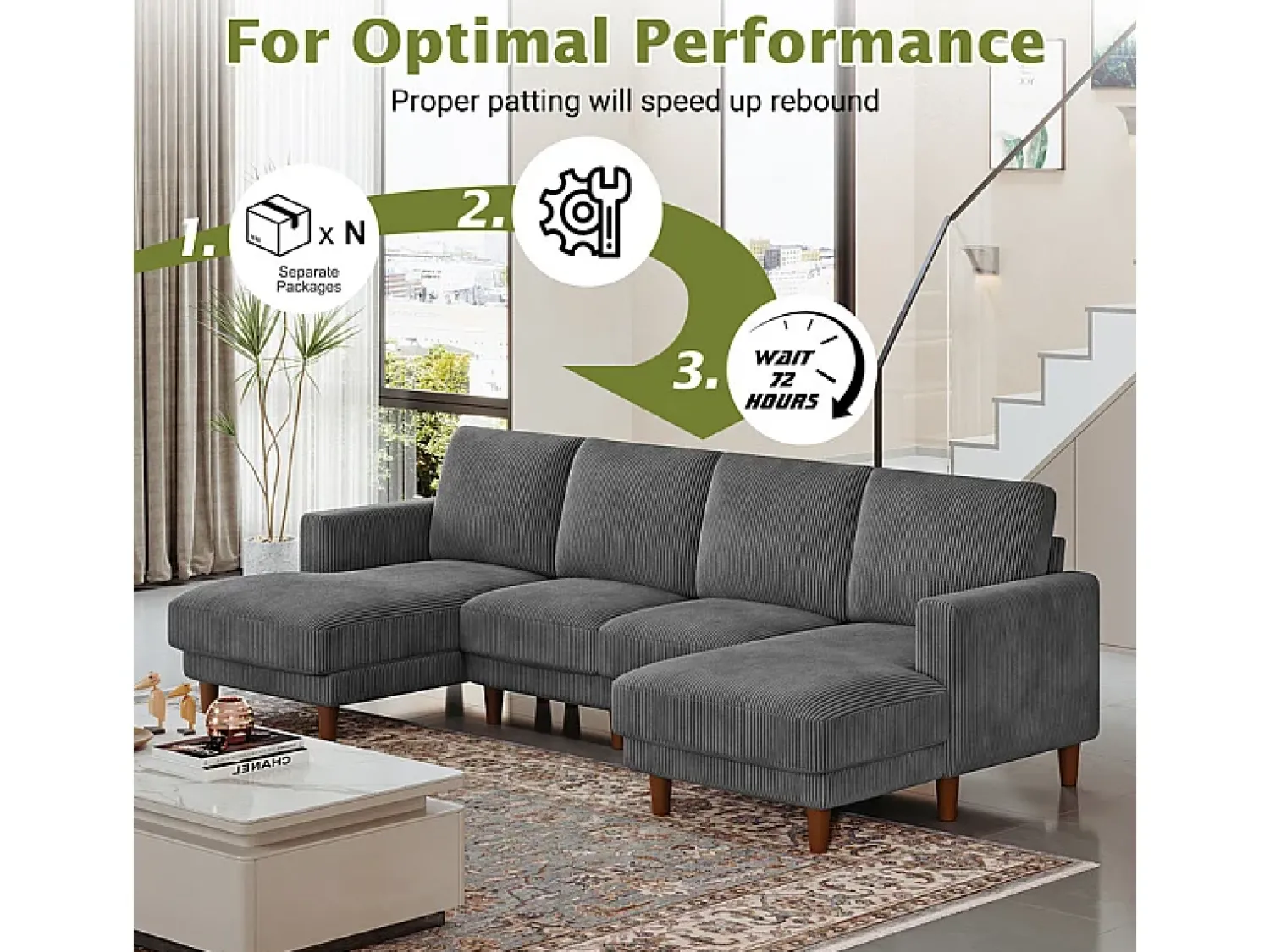 Sofá|DripeX Grande sofá de canto panorâmico - 4 lugares - chaise longue 109cm - de veludo cotelê - 269x140x86 - Cinza Cinzento