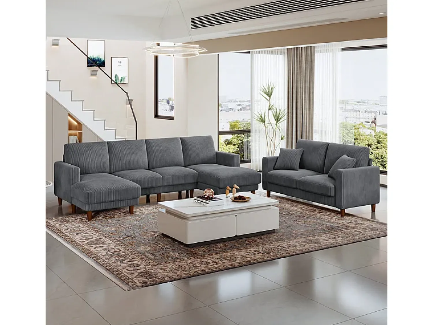Sofá|DripeX Grande sofá de canto panorâmico - 4 lugares - chaise longue 109cm - de veludo cotelê - 269x140x86 - Cinza Cinzento