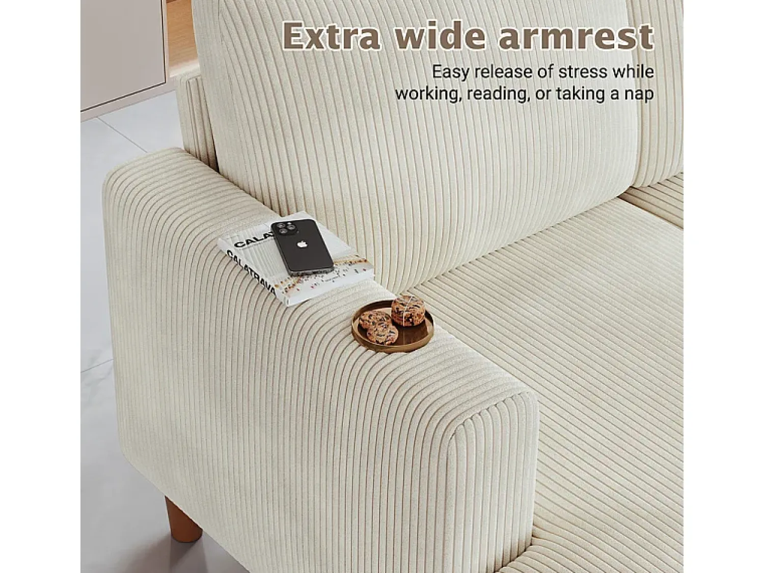 DripeX Grande sofá de canto panorâmico - 4 lugares - chaise longue 109cm - de veludo cotelê - 269x140x86 -^ Sofá