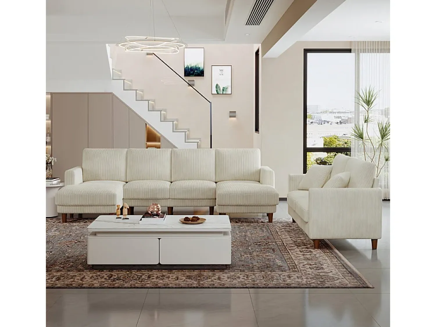 DripeX Grande sofá de canto panorâmico - 4 lugares - chaise longue 109cm - de veludo cotelê - 269x140x86 -^ Sofá