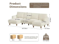 DripeX Grande sofá de canto panorâmico - 4 lugares - chaise longue 109cm - de veludo cotelê - 269x140x86 -^ Sofá