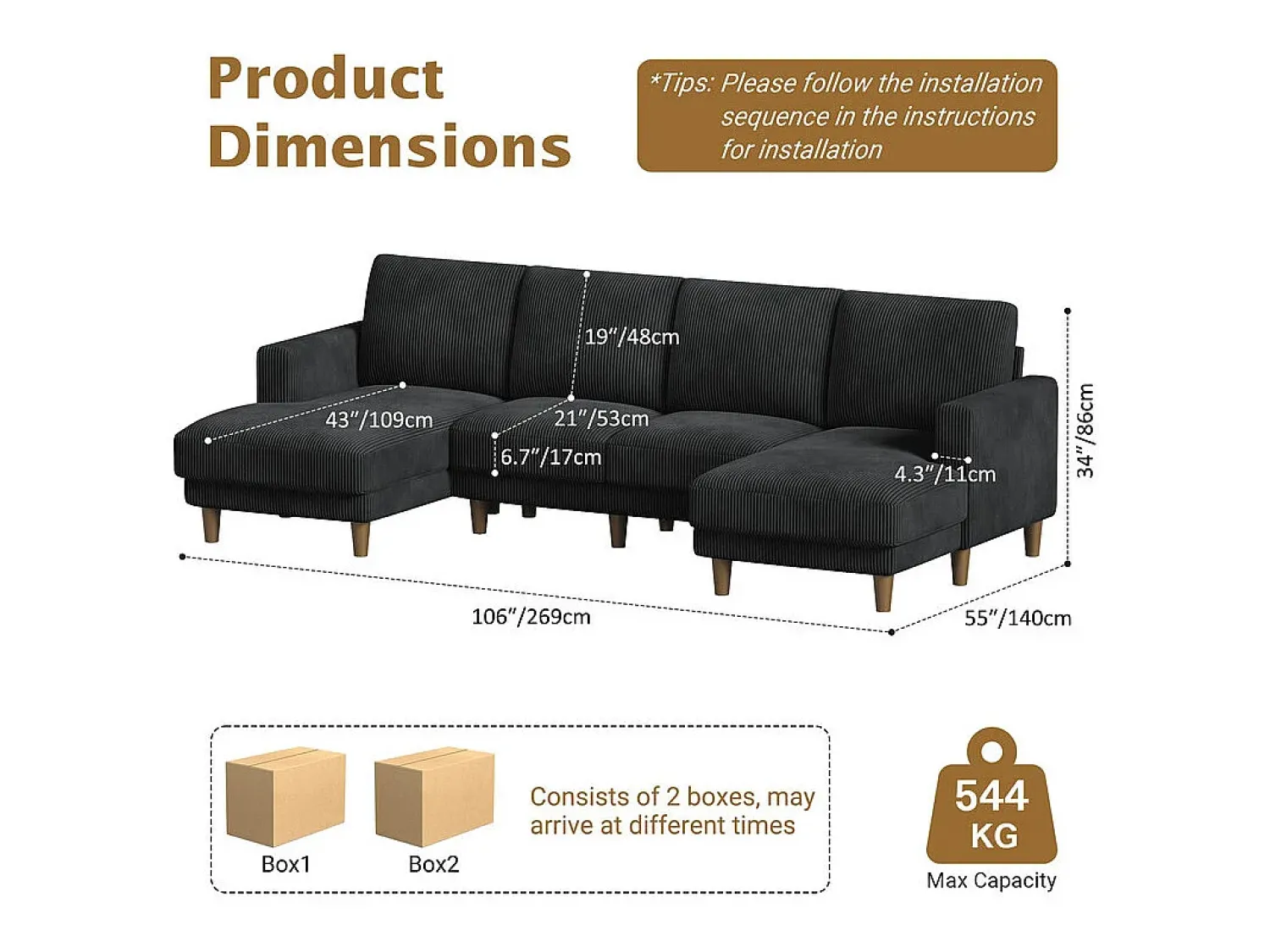 Sofá*DripeX Grande sofá de canto panorâmico - 4 lugares - chaise longue 109cm - de veludo cotelê - 269x140x86 - Preto