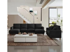 Sofá*DripeX Grande sofá de canto panorâmico - 4 lugares - chaise longue 109cm - de veludo cotelê - 269x140x86 - Preto