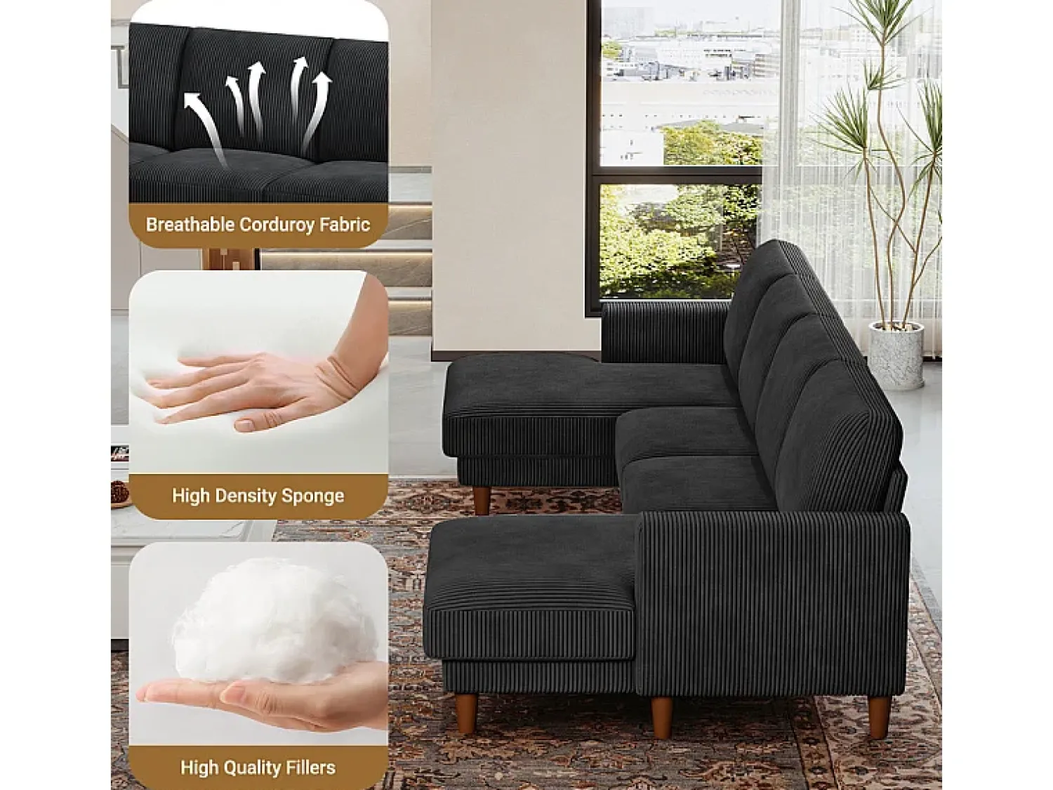 Sofá*DripeX Grande sofá de canto panorâmico - 4 lugares - chaise longue 109cm - de veludo cotelê - 269x140x86 - Preto