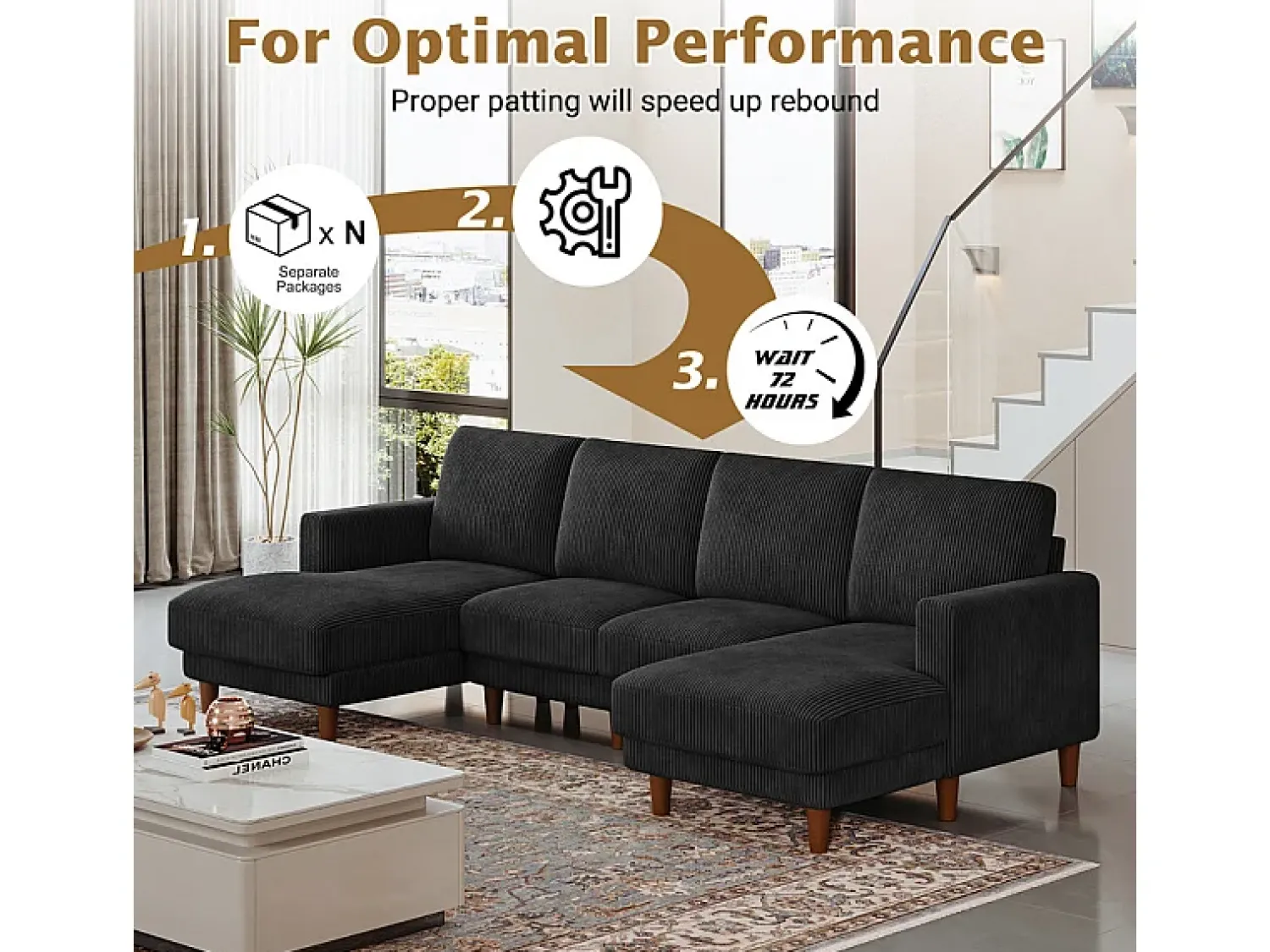 Sofá*DripeX Grande sofá de canto panorâmico - 4 lugares - chaise longue 109cm - de veludo cotelê - 269x140x86 - Preto