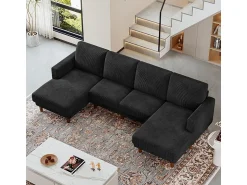 Sofá*DripeX Grande sofá de canto panorâmico - 4 lugares - chaise longue 109cm - de veludo cotelê - 269x140x86 - Preto