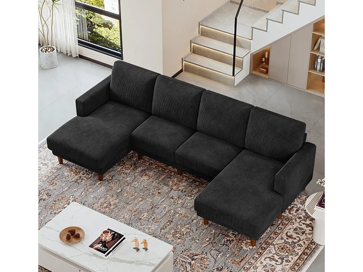Sofá*DripeX Grande sofá de canto panorâmico - 4 lugares - chaise longue 109cm - de veludo cotelê - 269x140x86 - Preto